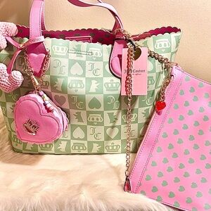 Juicy Couture Green & Pink Heart Print Tote with Pouch Set